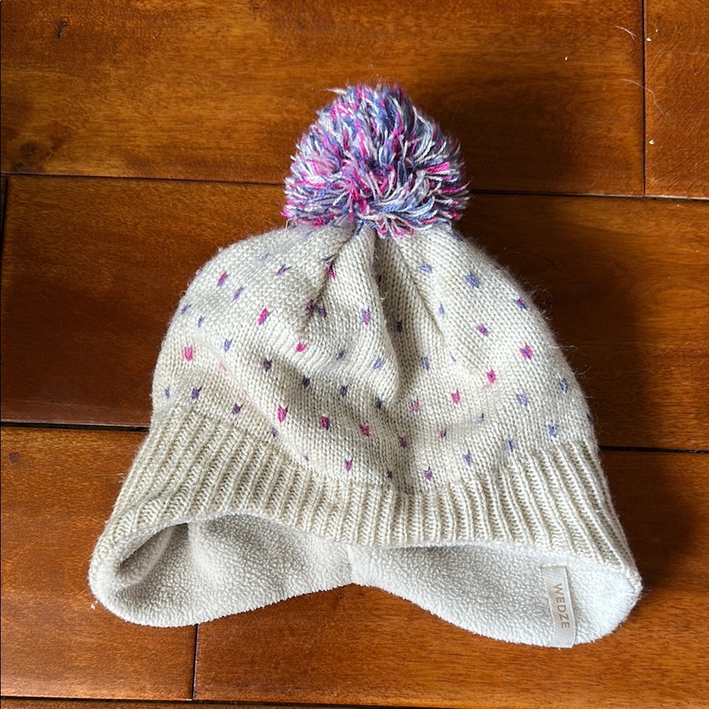 Cream and Pink Knit Hat with Ear Flaps and Pom-Pom